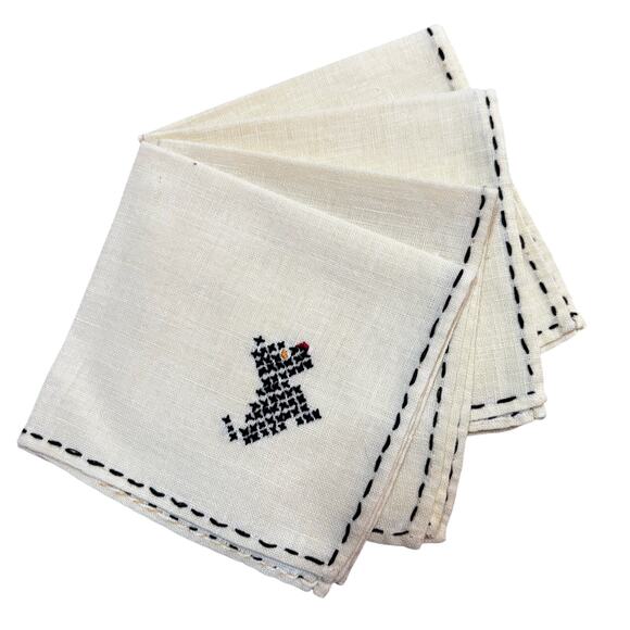 Cocktail napkins (4) YELLOW cotton hand embroidery black Scottish Terriers - Picture 10 of 10